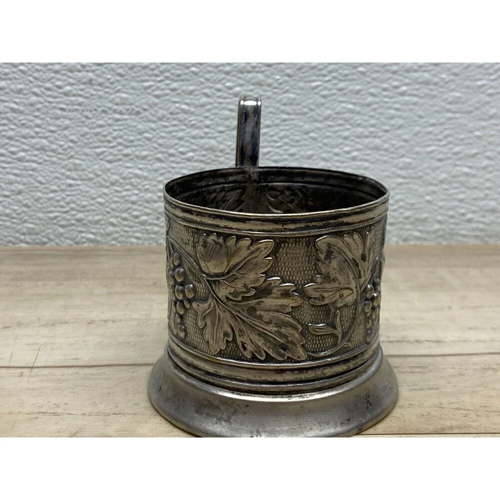 Vtg Unbranded Silver Plated Podstakannik Tee Cup Holder Grape Branch Pattern